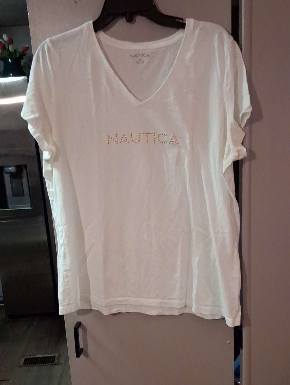 Nautica White Short Sleeve V-Neck Tee with Gold Logo